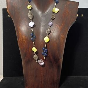 Source Unknown Silver and Blue Necklace with Yellow Accents